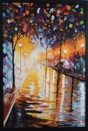 "Rainy Street Walk" Oil on canvas 24" x 36"